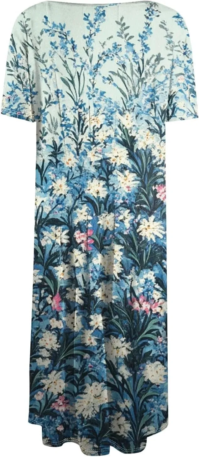 Summer Dresses for Women 2025 Crewneck Short Sleeve Empire Waist A Line Dress Side Pockets Midi Sun Dress Vacation