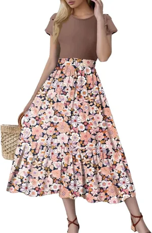 Summer Dresses for Women 2025 Floral Short Sleeve Maxi Dress Flowy Patchwork Ruffle Empire Waist Cinched Long Dress