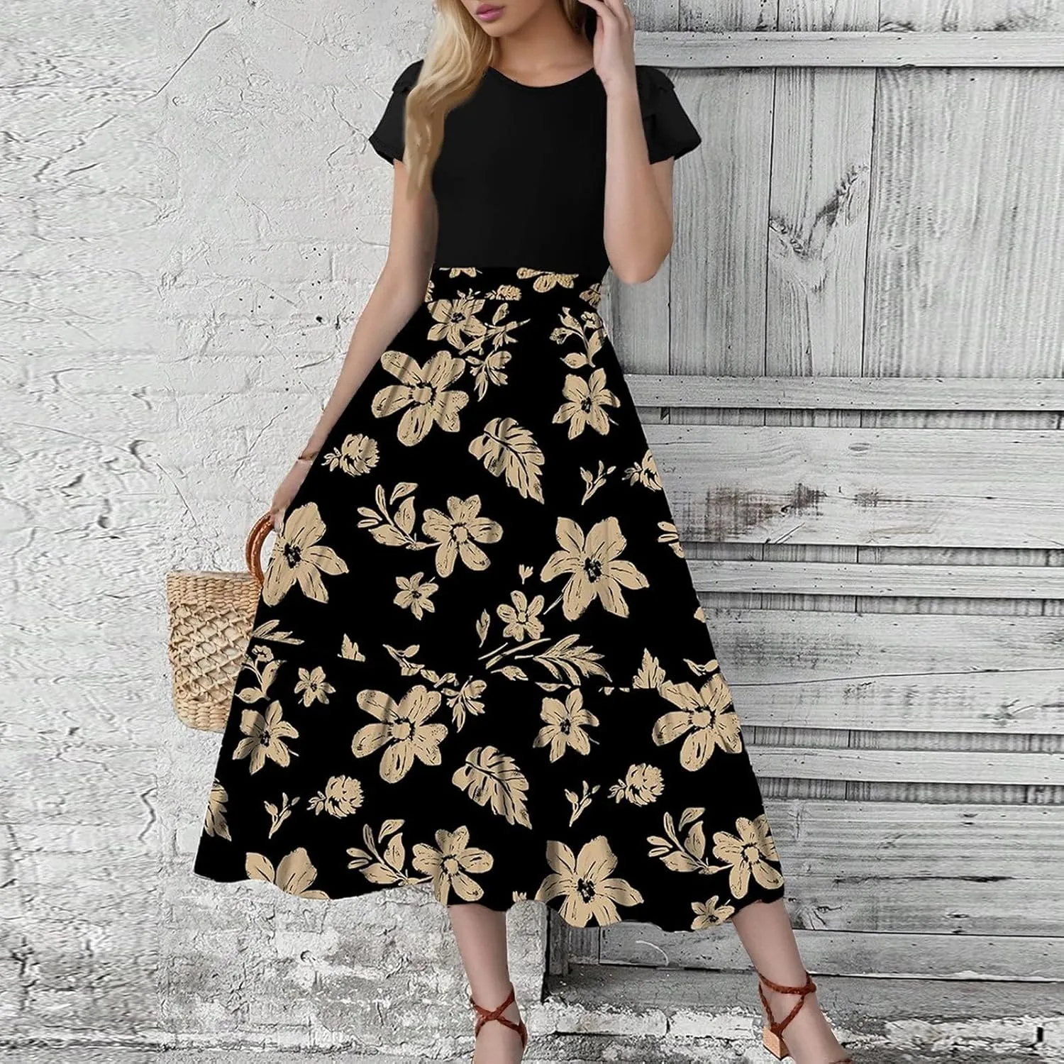 Summer Dresses for Women 2025 Floral Short Sleeve Maxi Dress Flowy Patchwork Ruffle Empire Waist Cinched Long Dress