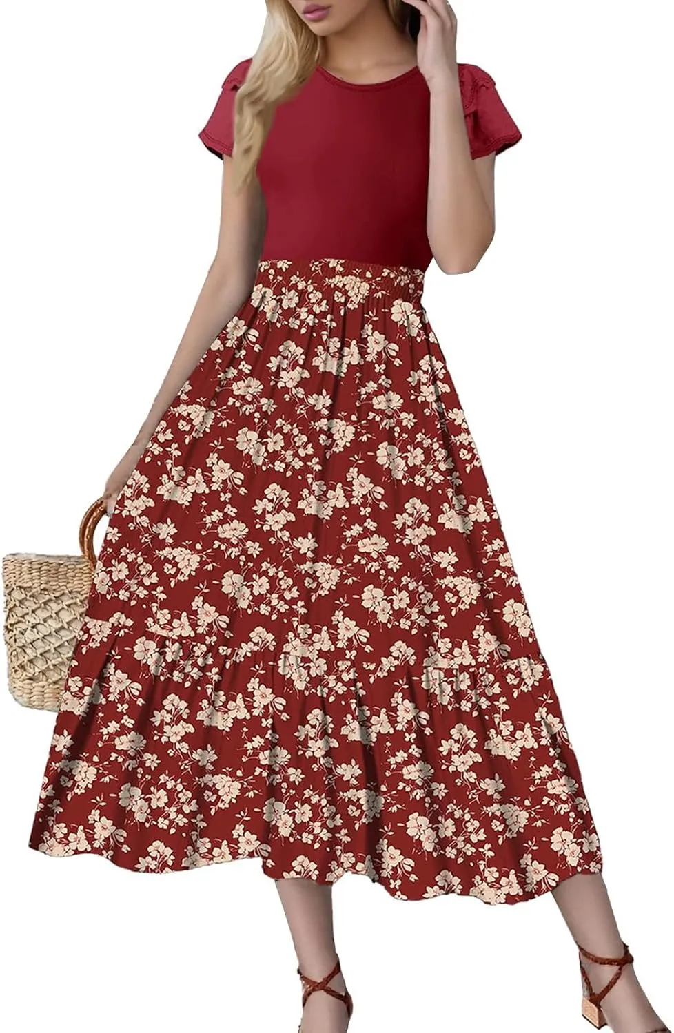 Summer Dresses for Women 2025 Floral Short Sleeve Maxi Dress Flowy Patchwork Ruffle Empire Waist Cinched Long Dress