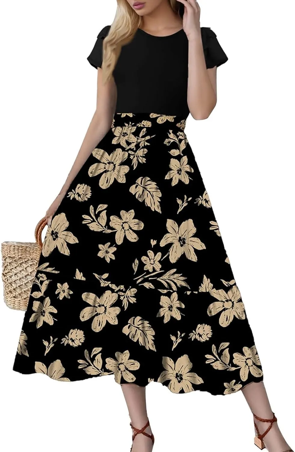 Summer Dresses for Women 2025 Floral Short Sleeve Maxi Dress Flowy Patchwork Ruffle Empire Waist Cinched Long Dress