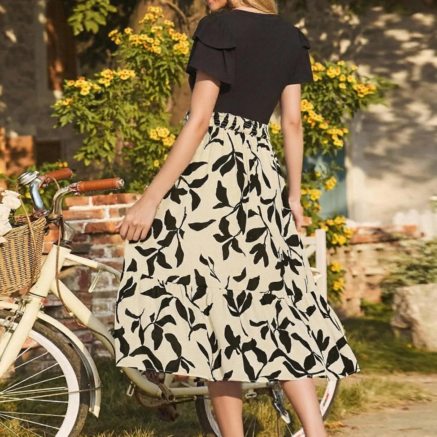 Summer Dresses for Women 2025 Floral Short Sleeve Maxi Dress Flowy Patchwork Ruffle Empire Waist Cinched Long Dress