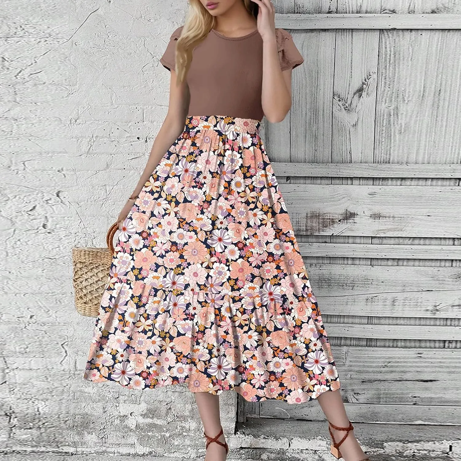 Summer Dresses for Women 2025 Floral Short Sleeve Maxi Dress Flowy Patchwork Ruffle Empire Waist Cinched Long Dress