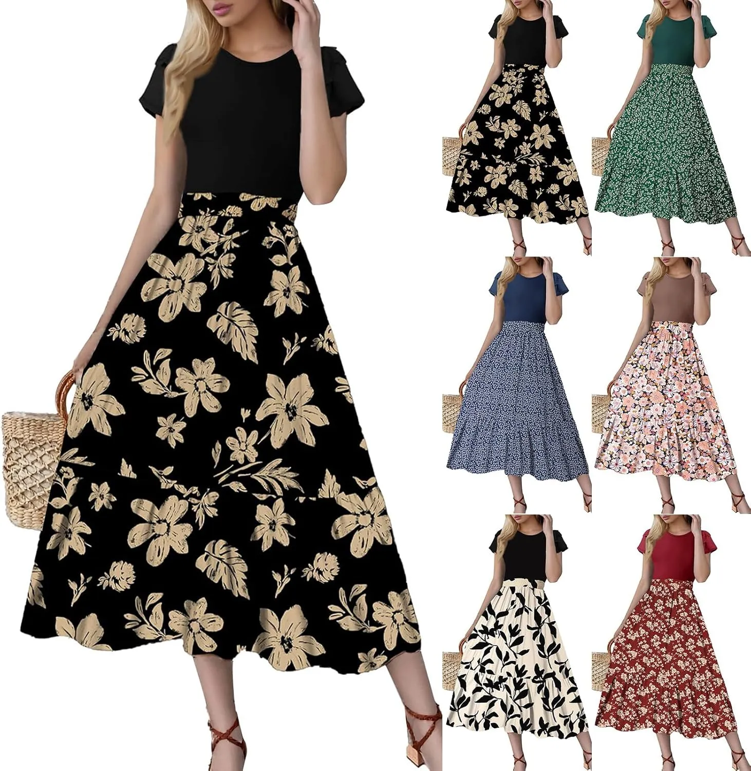 Summer Dresses for Women 2025 Floral Short Sleeve Maxi Dress Flowy Patchwork Ruffle Empire Waist Cinched Long Dress