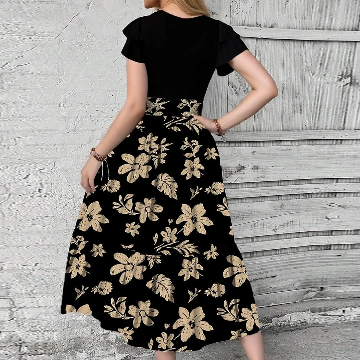 Summer Dresses for Women 2025 Floral Short Sleeve Maxi Dress Flowy Patchwork Ruffle Empire Waist Cinched Long Dress