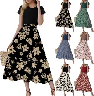 Summer Dresses for Women 2025 Floral Short Sleeve Maxi Dress Flowy Patchwork Ruffle Empire Waist Cinched Long Dress