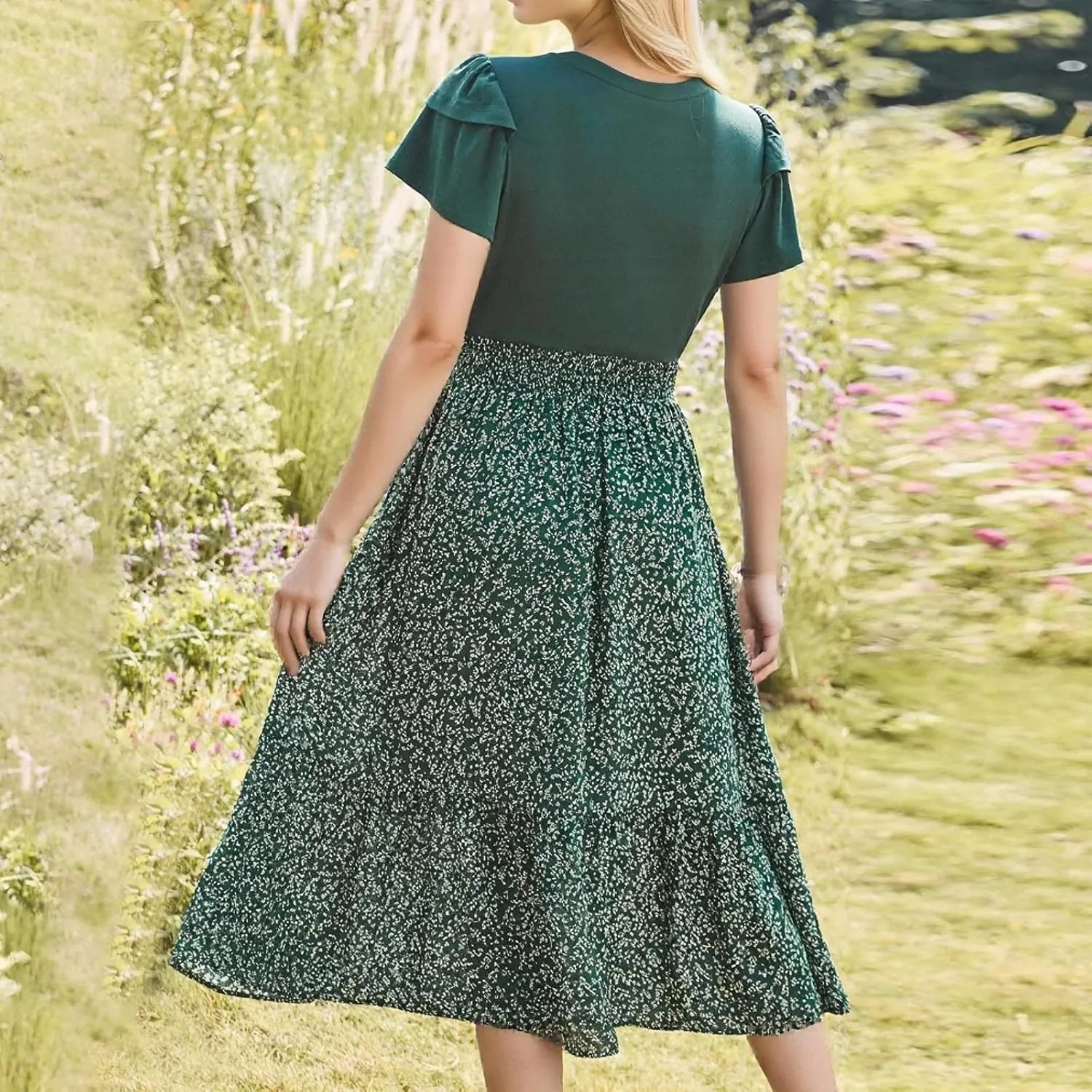 Summer Dresses for Women 2025 Floral Short Sleeve Maxi Dress Flowy Patchwork Ruffle Empire Waist Cinched Long Dress