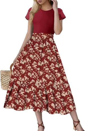 Summer Dresses for Women 2025 Floral Short Sleeve Maxi Dress Flowy Patchwork Ruffle Empire Waist Cinched Long Dress
