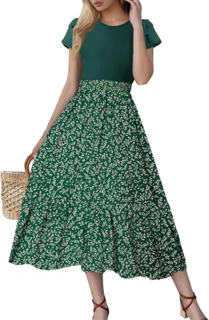 Summer Dresses for Women 2025 Floral Short Sleeve Maxi Dress Flowy Patchwork Ruffle Empire Waist Cinched Long Dress