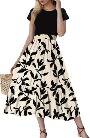 Summer Dresses for Women 2025 Floral Short Sleeve Maxi Dress Flowy Patchwork Ruffle Empire Waist Cinched Long Dress