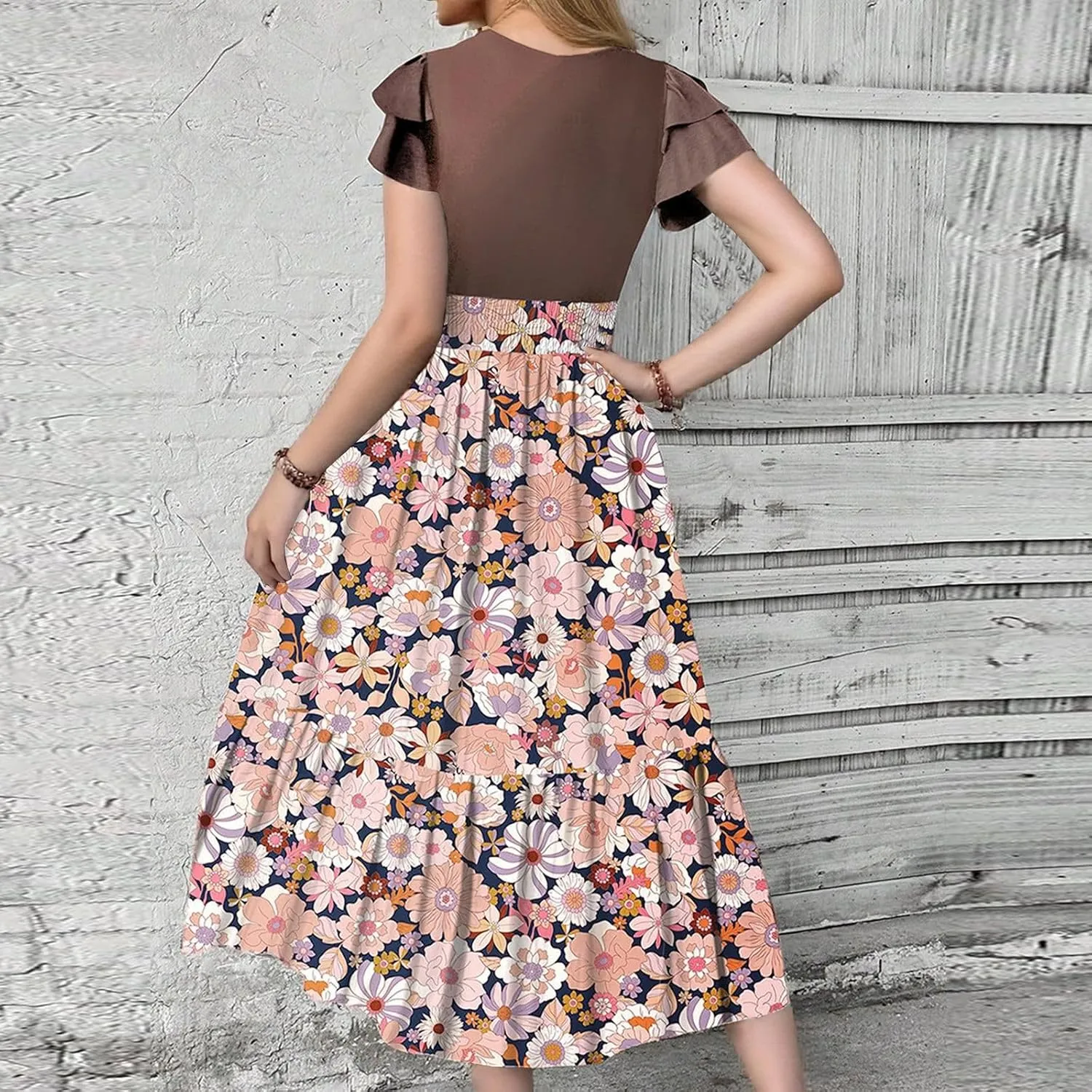 Summer Dresses for Women 2025 Floral Short Sleeve Maxi Dress Flowy Patchwork Ruffle Empire Waist Cinched Long Dress