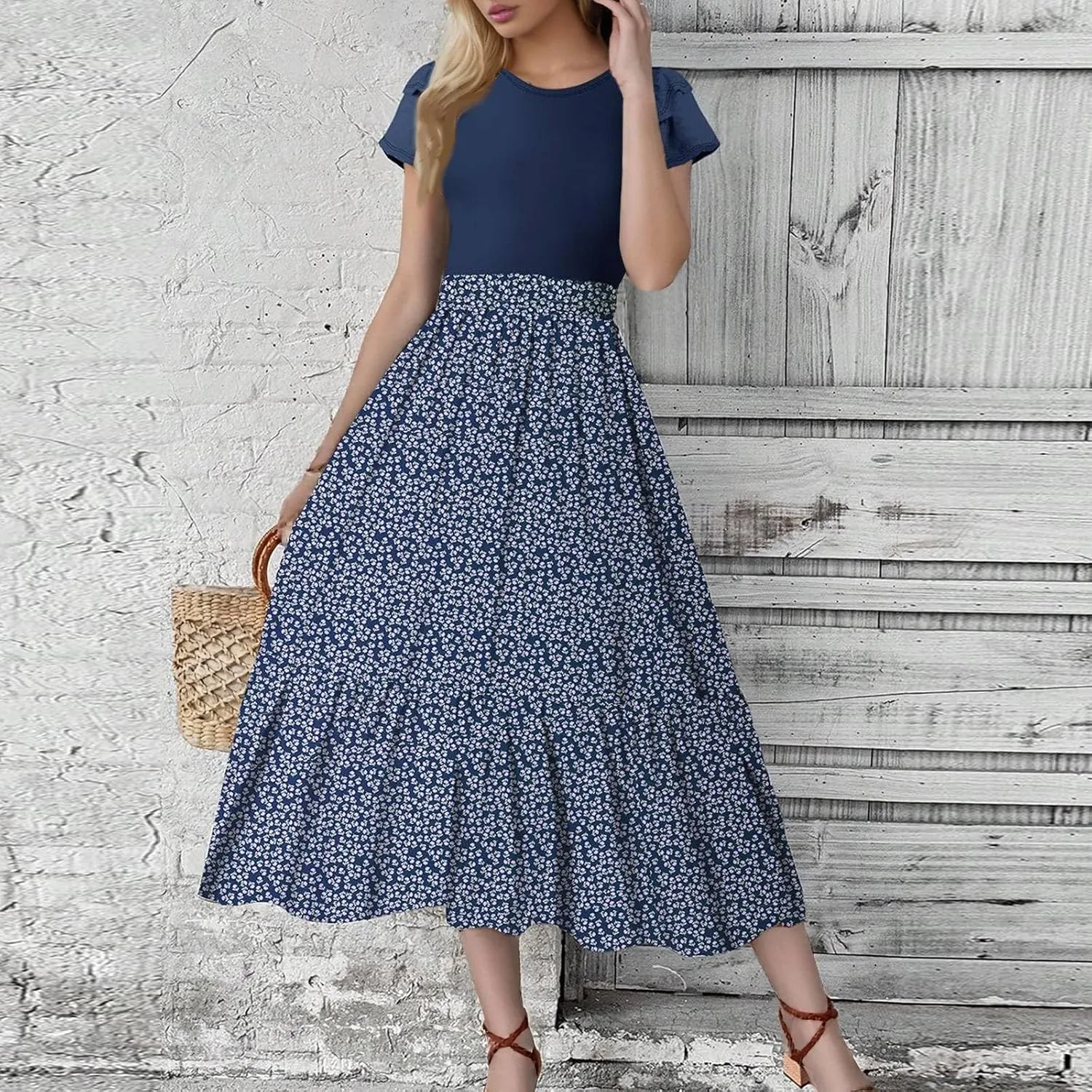 Summer Dresses for Women 2025 Floral Short Sleeve Maxi Dress Flowy Patchwork Ruffle Empire Waist Cinched Long Dress