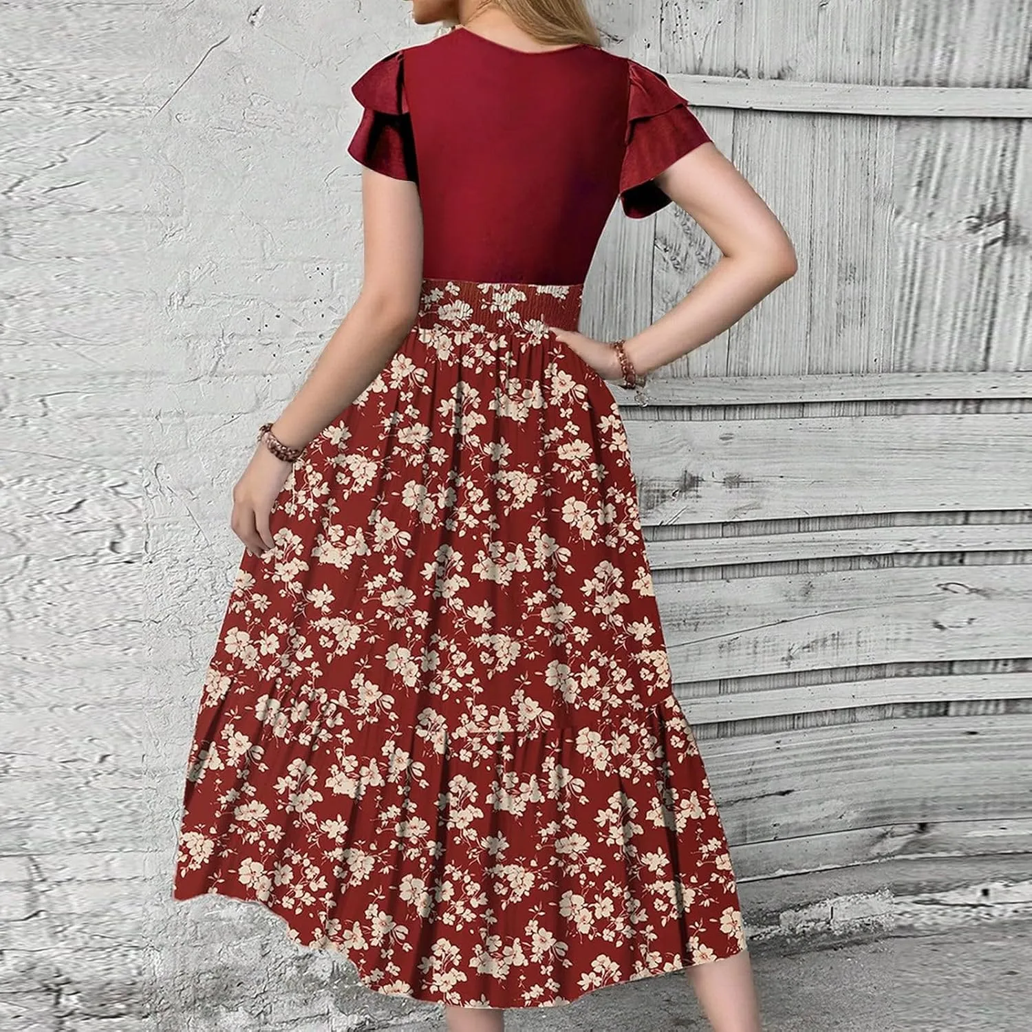 Summer Dresses for Women 2025 Floral Short Sleeve Maxi Dress Flowy Patchwork Ruffle Empire Waist Cinched Long Dress