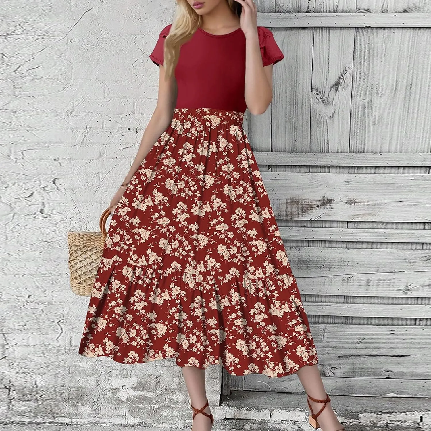 Summer Dresses for Women 2025 Floral Short Sleeve Maxi Dress Flowy Patchwork Ruffle Empire Waist Cinched Long Dress