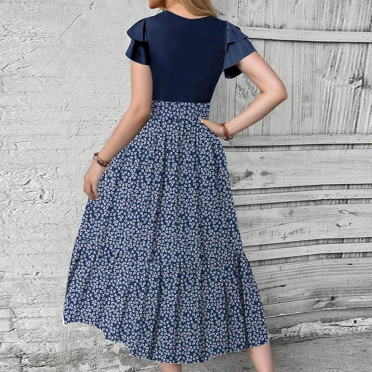 Summer Dresses for Women 2025 Floral Short Sleeve Maxi Dress Flowy Patchwork Ruffle Empire Waist Cinched Long Dress