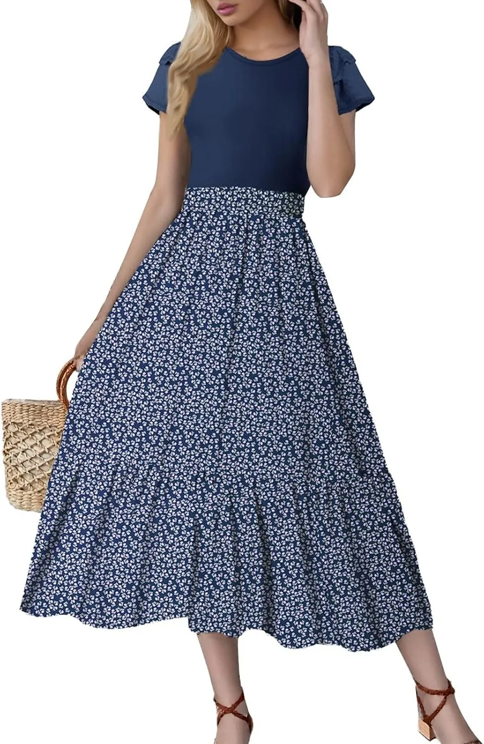 Summer Dresses for Women 2025 Floral Short Sleeve Maxi Dress Flowy Patchwork Ruffle Empire Waist Cinched Long Dress