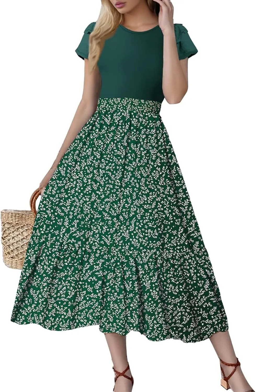 Summer Dresses for Women 2025 Floral Short Sleeve Maxi Dress Flowy Patchwork Ruffle Empire Waist Cinched Long Dress