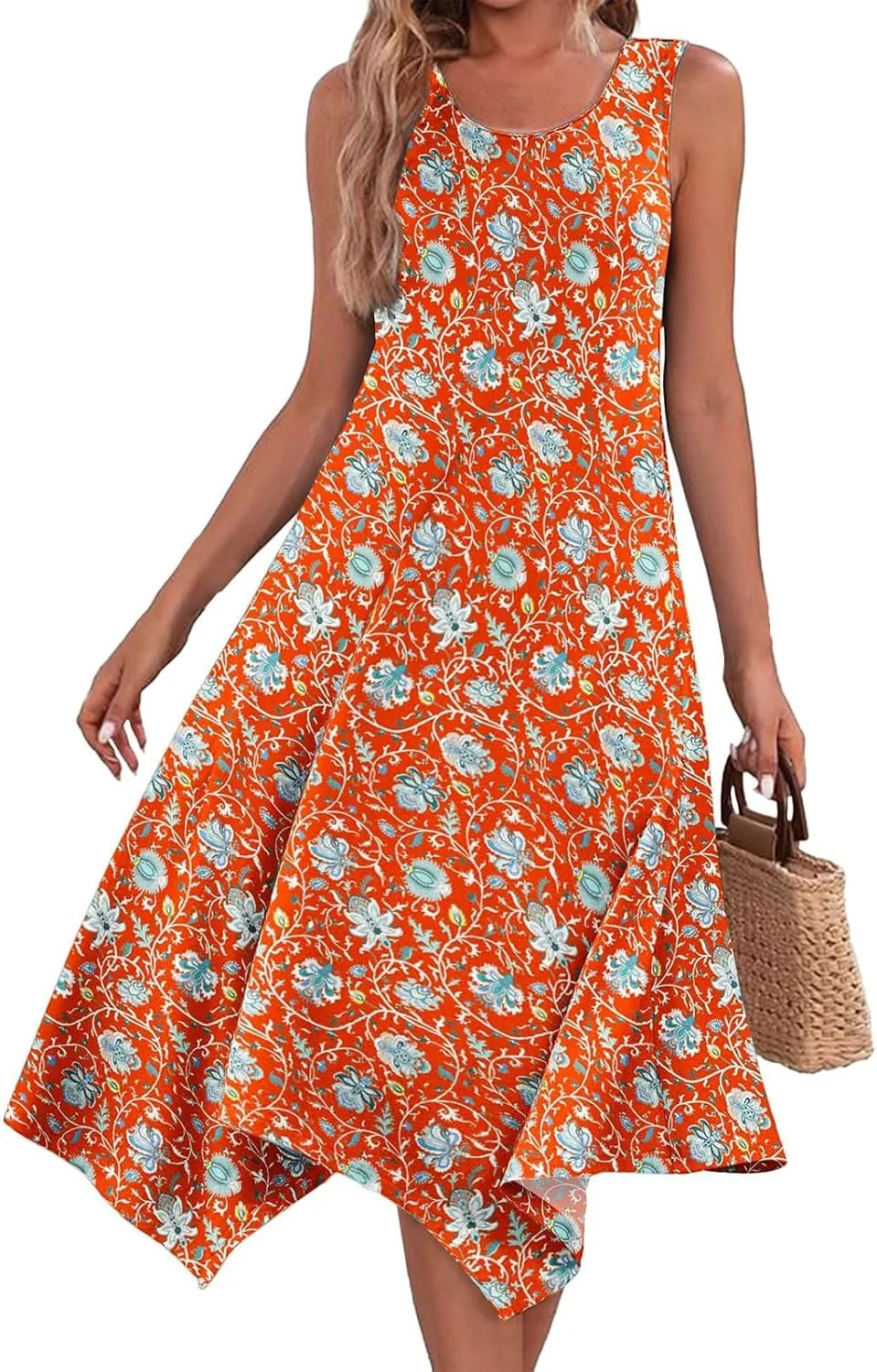 Summer Dresses for Women 2025 Handkerchief Hem Crewneck Tank Dress Sleeveless A-Line Sundress Casual Boho Dress