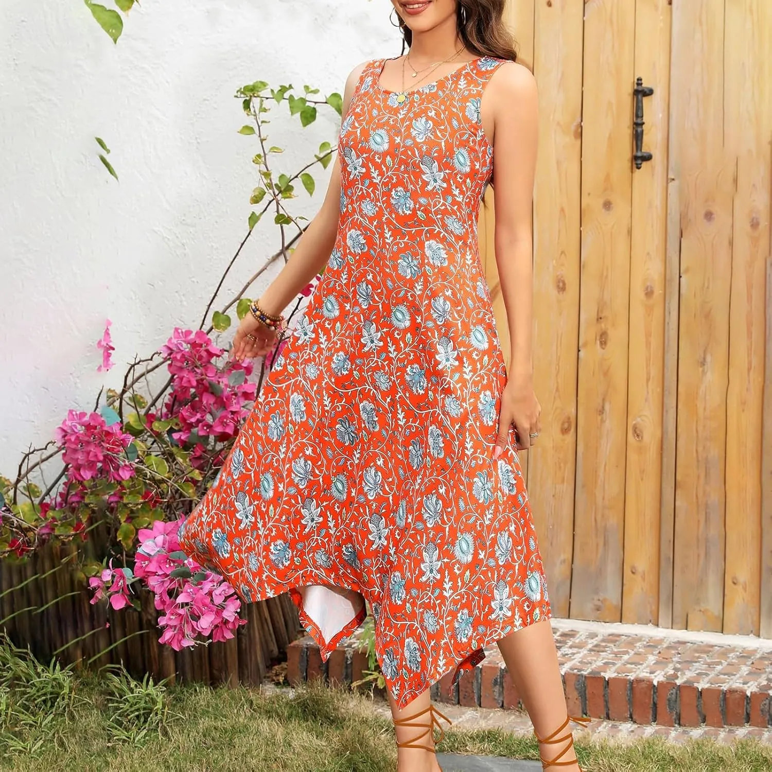 Summer Dresses for Women 2025 Handkerchief Hem Crewneck Tank Dress Sleeveless A-Line Sundress Casual Boho Dress