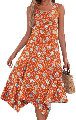 Summer Dresses for Women 2025 Handkerchief Hem Crewneck Tank Dress Sleeveless A-Line Sundress Casual Boho Dress