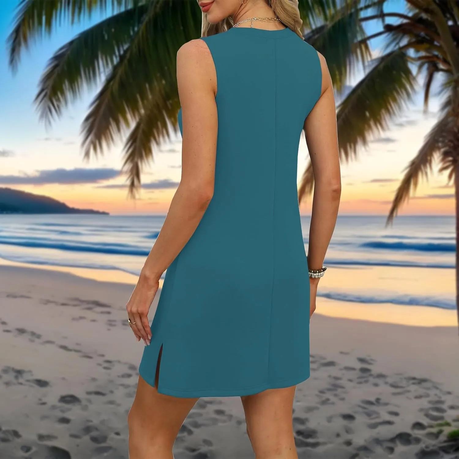 Summer Dresses for Women 2025 Loose Casual Sundresses Striped V Neck T Shirt Dress Beach Sleeveless Tank Dress with Split