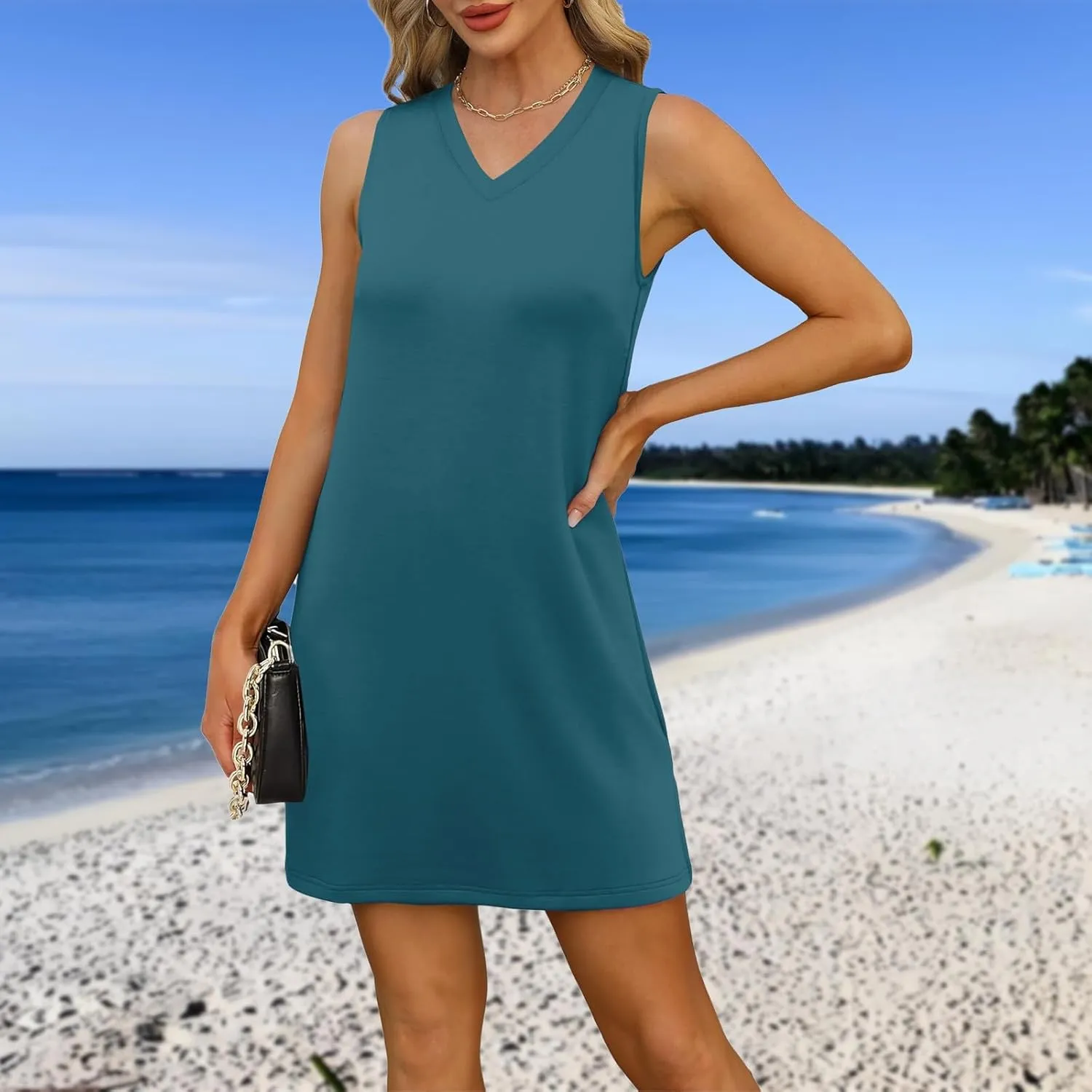 Summer Dresses for Women 2025 Loose Casual Sundresses Striped V Neck T Shirt Dress Beach Sleeveless Tank Dress with Split