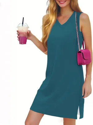 Summer Dresses for Women 2025 Loose Casual Sundresses Striped V Neck T Shirt Dress Beach Sleeveless Tank Dress with Split