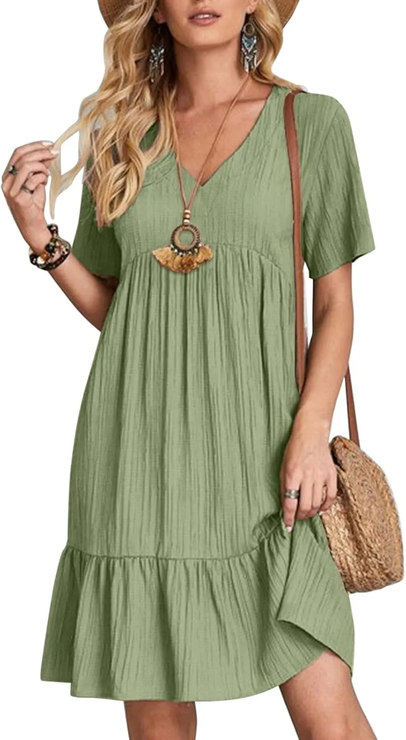 Summer Dresses for Women 2025 Loose V Neck Short Sleeve Casual T Shirt Dress Sundresses Swimsuit Coverup with Pockets