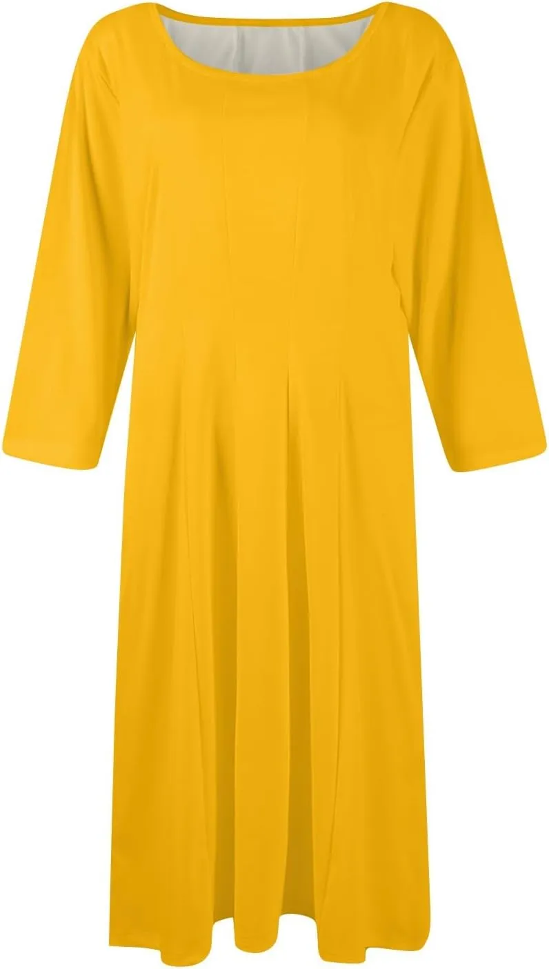 Summer Dresses for Women 2025 Round Neck 3/4 Sleeve Midi Dress Solid Color A Line Flowy Dress with Pockets