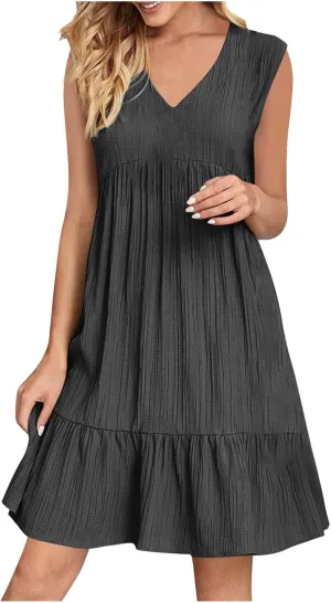 Summer Dresses for Women 2025 Sleeveless V-Neck Flowy Midi Sundresses Layered A-Line Boho Beach Vacation Dress