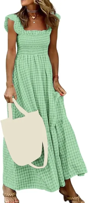 Summer Dresses for Women 2025 Strap Maxi Flowy Dresses Flying Sleeve Plaid Square Neck Casual Beach Vacation Sundress