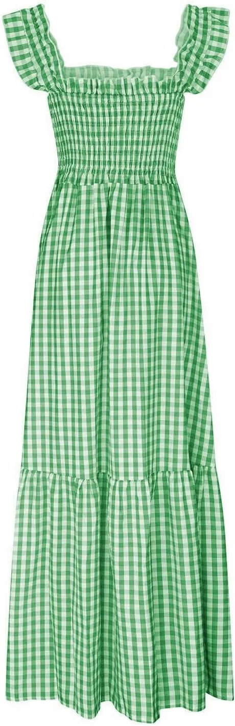 Summer Dresses for Women 2025 Strap Maxi Flowy Dresses Flying Sleeve Plaid Square Neck Casual Beach Vacation Sundress