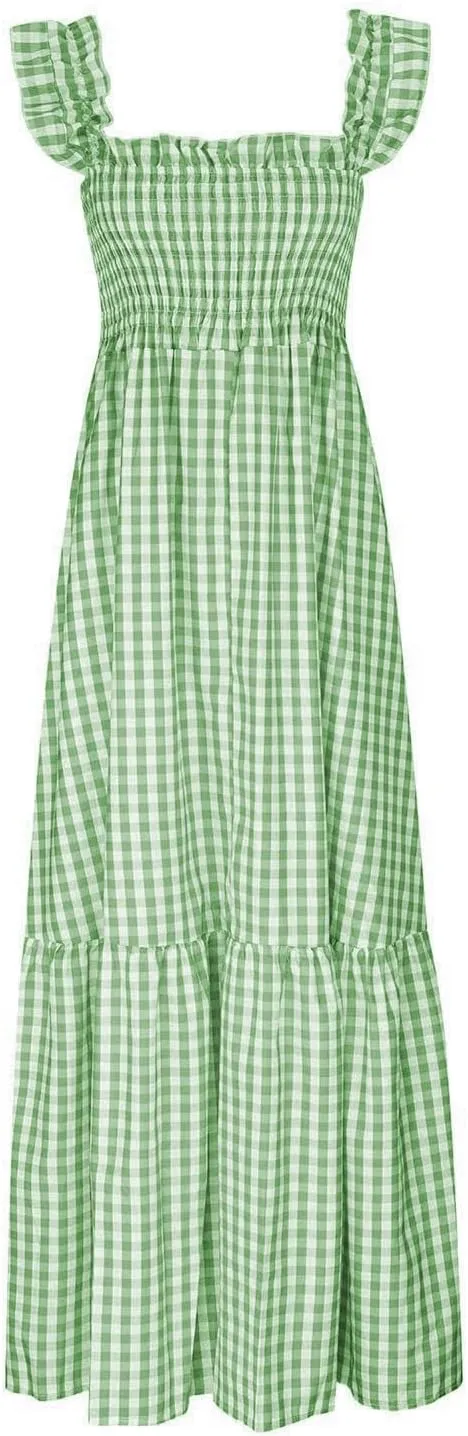 Summer Dresses for Women 2025 Strap Maxi Flowy Dresses Flying Sleeve Plaid Square Neck Casual Beach Vacation Sundress