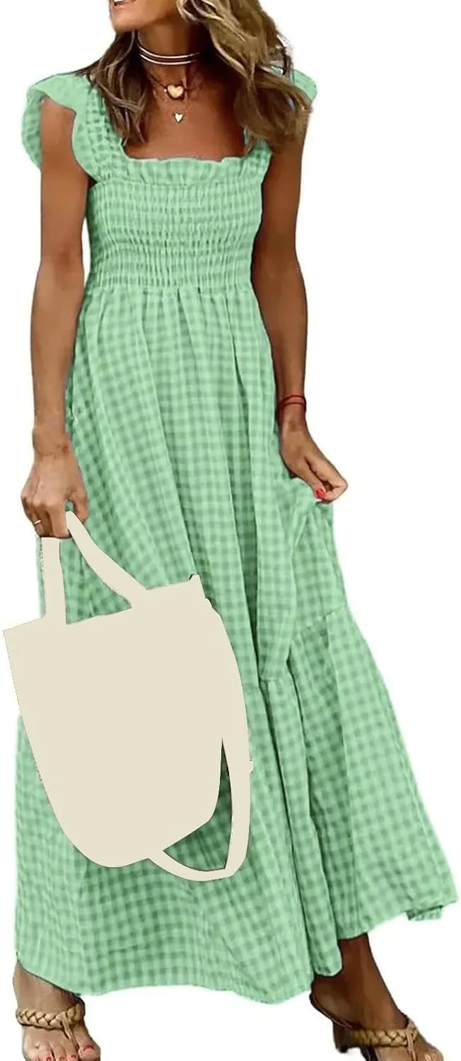 Summer Dresses for Women 2025 Strap Maxi Flowy Dresses Flying Sleeve Plaid Square Neck Casual Beach Vacation Sundress