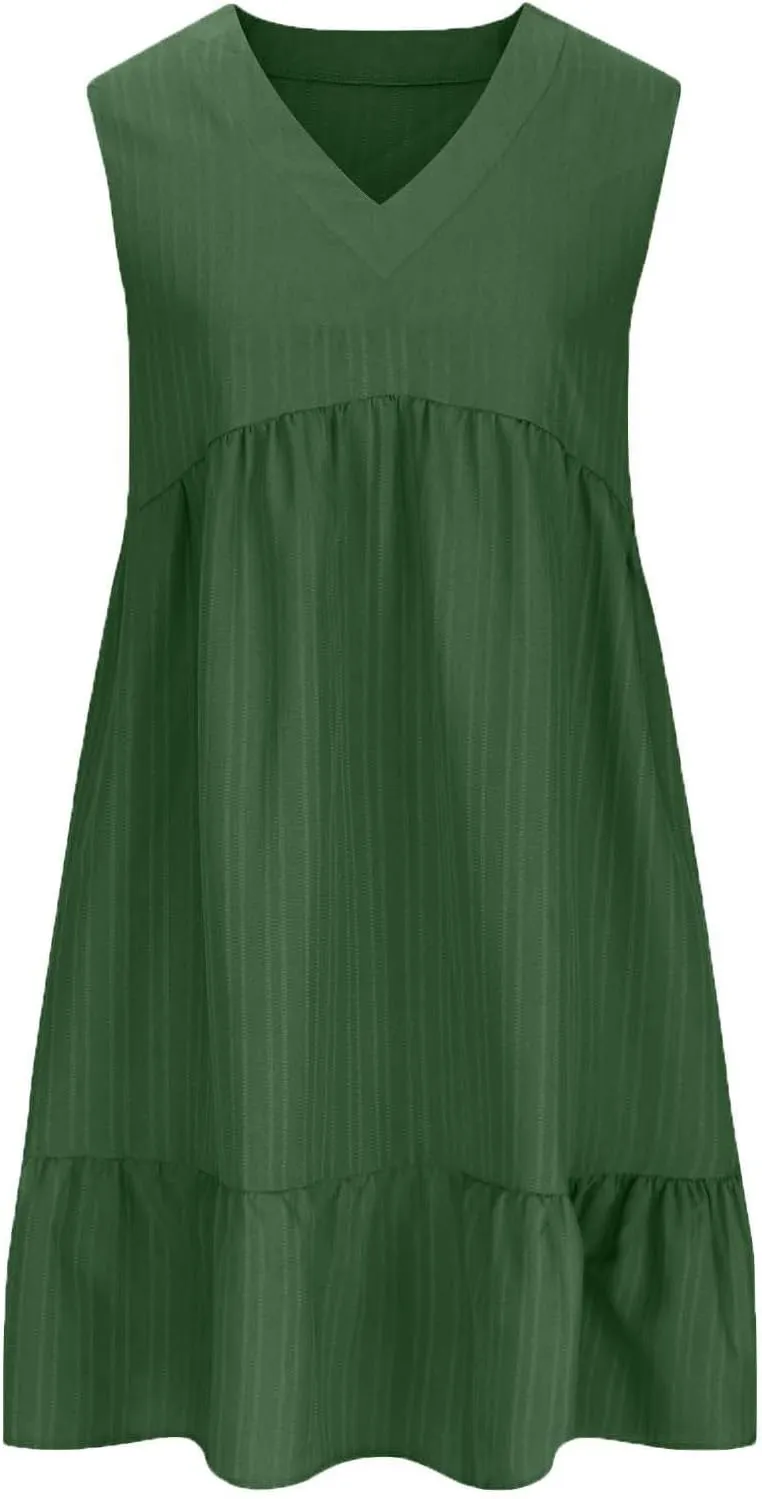 Summer Dresses for Women 2025 V Neck Sleeveless Mini Dress Ruffle A Line Swing Short Dresses Vacation Beach Sundress