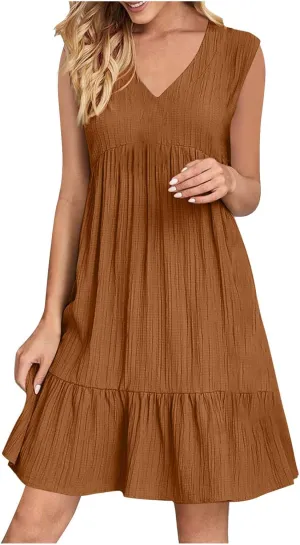 Summer Dresses for Women 2025 V Neck Sleeveless Mini Dress Ruffle A Line Swing Short Dresses Vacation Beach Sundress