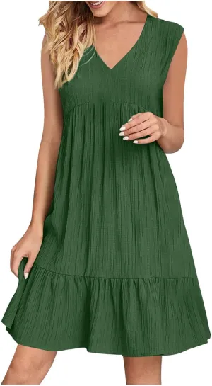 Summer Dresses for Women 2025 V Neck Sleeveless Mini Dress Ruffle A Line Swing Short Dresses Vacation Beach Sundress
