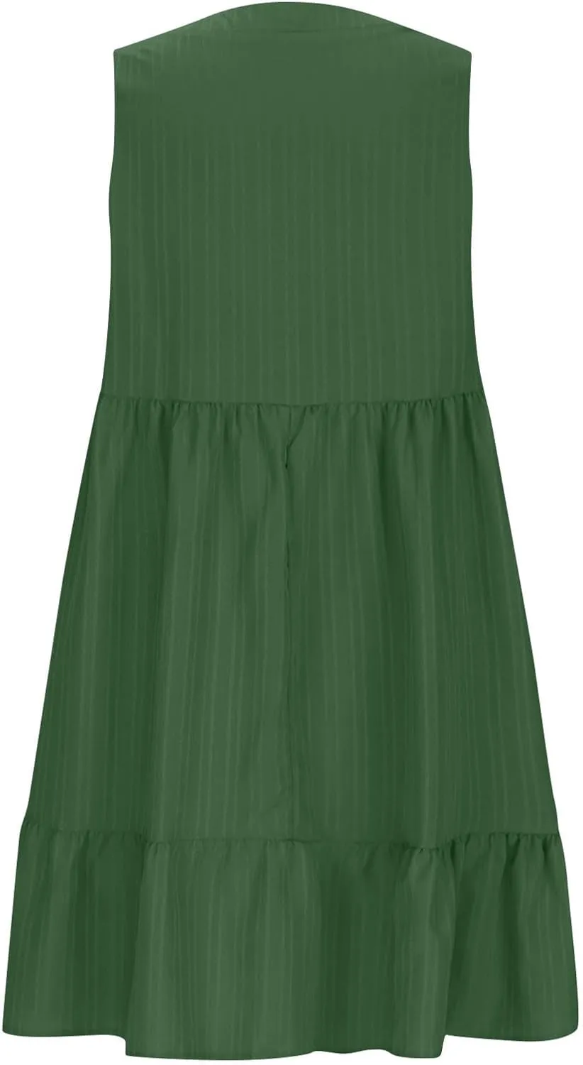 Summer Dresses for Women 2025 V Neck Sleeveless Mini Dress Ruffle A Line Swing Short Dresses Vacation Beach Sundress