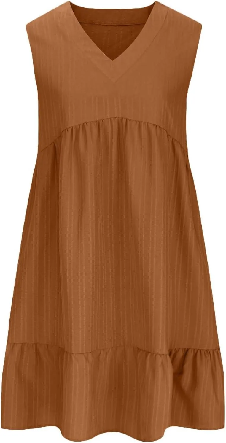 Summer Dresses for Women 2025 V Neck Sleeveless Mini Dress Ruffle A Line Swing Short Dresses Vacation Beach Sundress