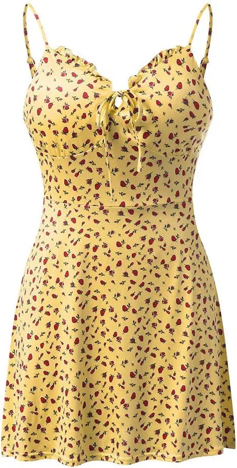 Summer Dresses for Women 2025 V-Neck Spaghetti Strap Bowknot Backless Sleeveless Lace Mini Swing Skater Dress