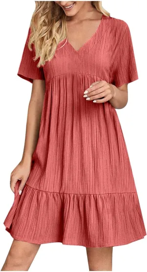 Summer Dresses for Women 2025 Vacation Solid Simple High Waist Beach Sundress Casual Short Sleeve T-Shirt Dress