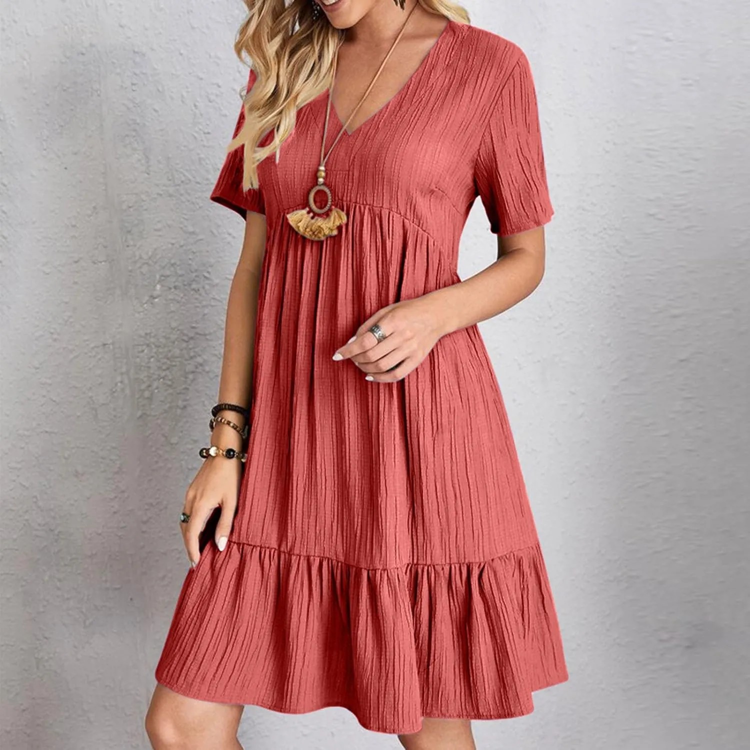 Summer Dresses for Women 2025 Vacation Solid Simple High Waist Beach Sundress Casual Short Sleeve T-Shirt Dress