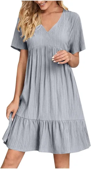 Summer Dresses for Women 2025 Vacation Solid Simple High Waist Beach Sundress Casual Short Sleeve T-Shirt Dress