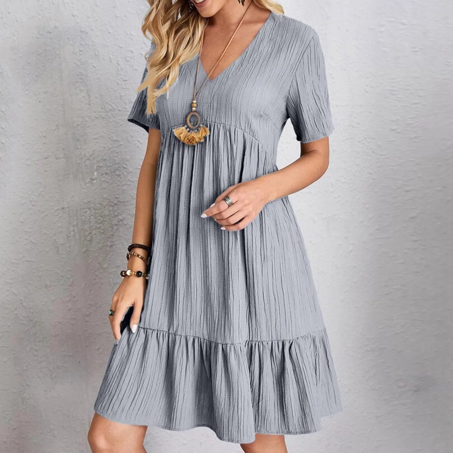 Summer Dresses for Women 2025 Vacation Solid Simple High Waist Beach Sundress Casual Short Sleeve T-Shirt Dress