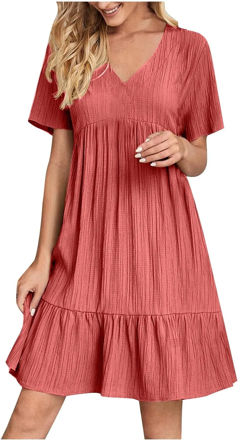Summer Dresses for Women 2025 Vacation Solid Simple High Waist Beach Sundress Casual Short Sleeve T-Shirt Dress