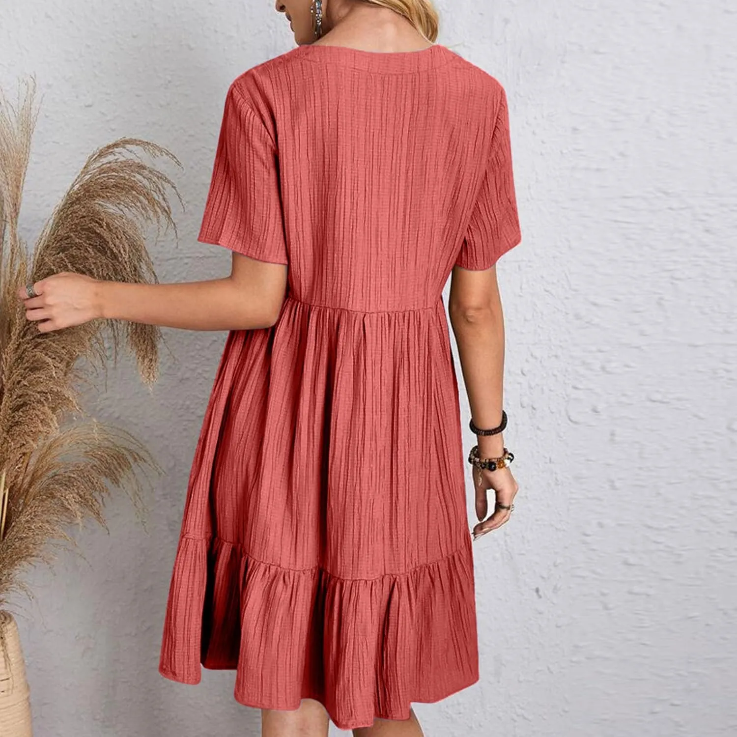 Summer Dresses for Women 2025 Vacation Solid Simple High Waist Beach Sundress Casual Short Sleeve T-Shirt Dress