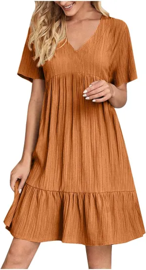 Summer Dresses for Women 2025 Vacation Solid Simple High Waist Beach Sundress Casual Short Sleeve T-Shirt Dress