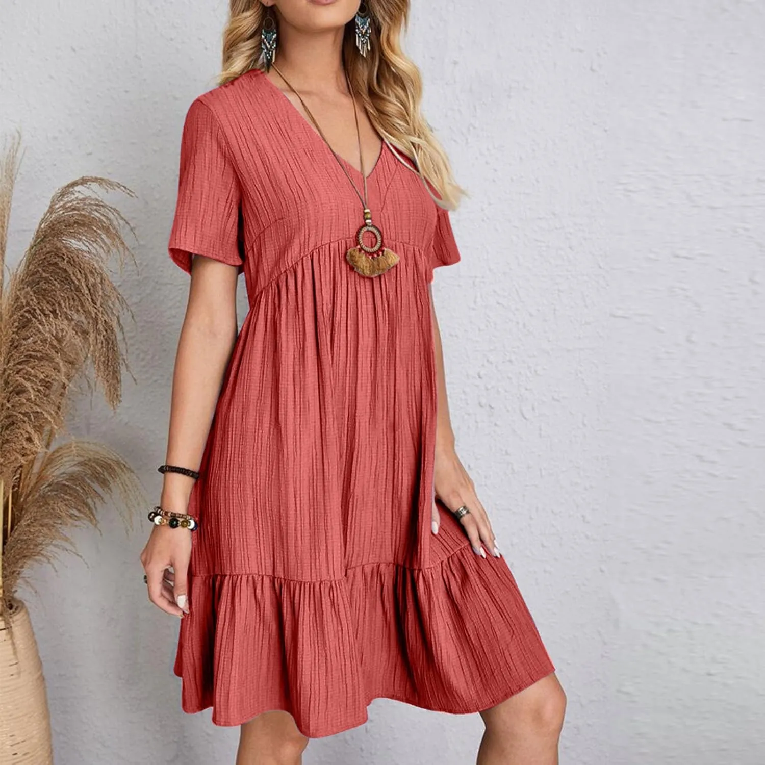 Summer Dresses for Women 2025 Vacation Solid Simple High Waist Beach Sundress Casual Short Sleeve T-Shirt Dress