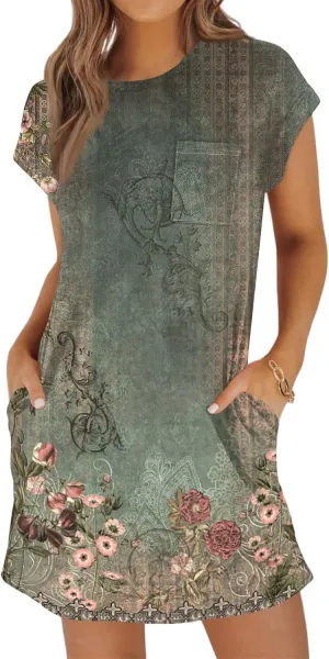 Summer Dresses for Women 2025s Casual Cap Sleeve Crewneck Loose Mini Dresses Casual Retro Beach T Shirt Dres
