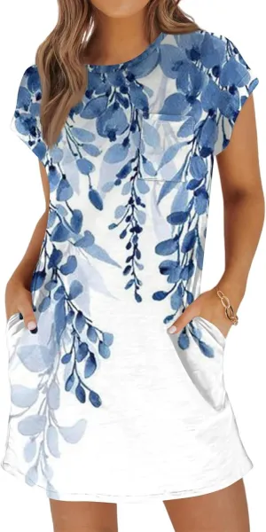 Summer Dresses for Women 2025s Casual Cap Sleeve Crewneck Loose Mini Dresses Casual Retro Beach T Shirt Dres